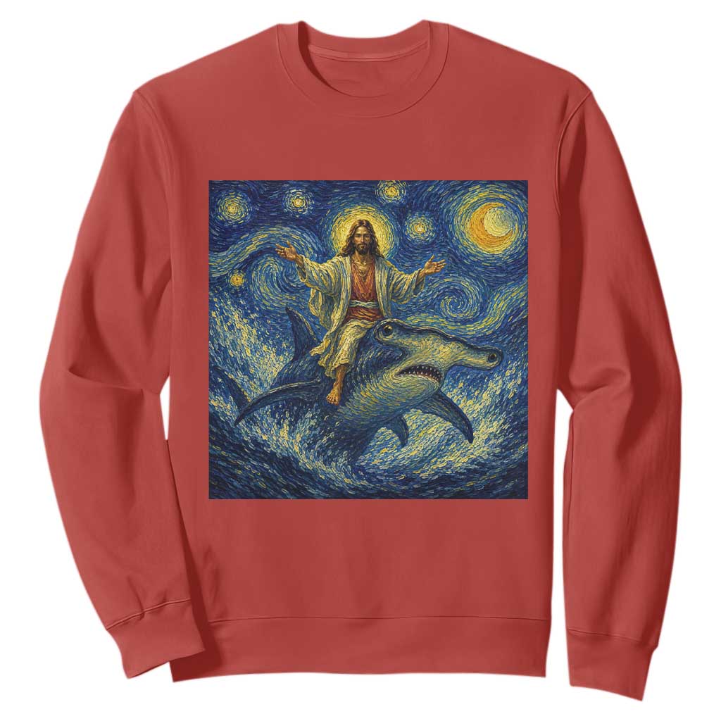 Funny Christian Jesus Riding Hammerhead Shark Sweatshirt Starry Night Inspired Art