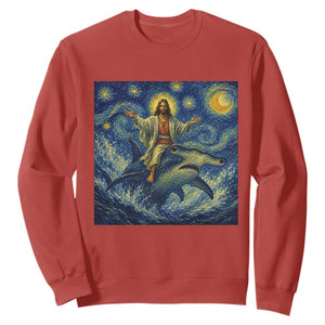 Funny Christian Jesus Riding Hammerhead Shark Sweatshirt Starry Night Inspired Art