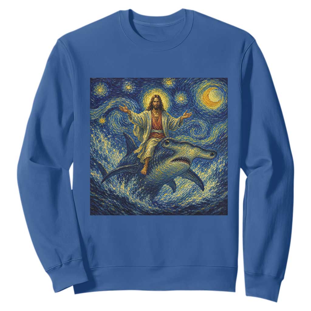Funny Christian Jesus Riding Hammerhead Shark Sweatshirt Starry Night Inspired Art