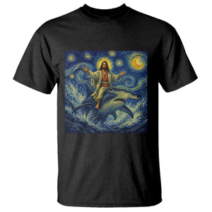 Funny Christian Jesus Riding Hammerhead Shark T Shirt Starry Night Inspired Art
