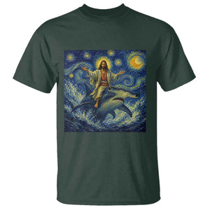 Funny Christian Jesus Riding Hammerhead Shark T Shirt Starry Night Inspired Art
