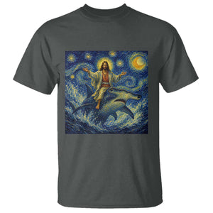 Funny Christian Jesus Riding Hammerhead Shark T Shirt Starry Night Inspired Art