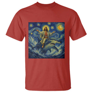 Funny Christian Jesus Riding Hammerhead Shark T Shirt Starry Night Inspired Art