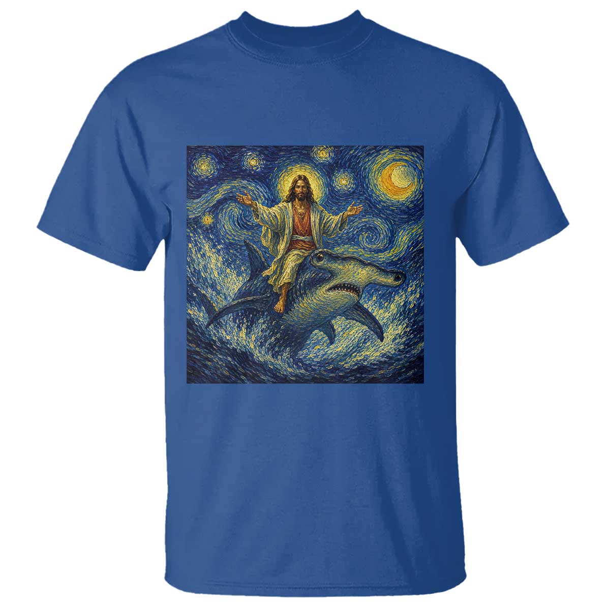 Funny Christian Jesus Riding Hammerhead Shark T Shirt Starry Night Inspired Art