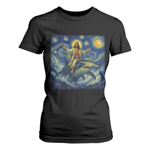 Funny Christian Jesus Riding Hammerhead Shark T Shirt For Women Starry Night Inspired Art
