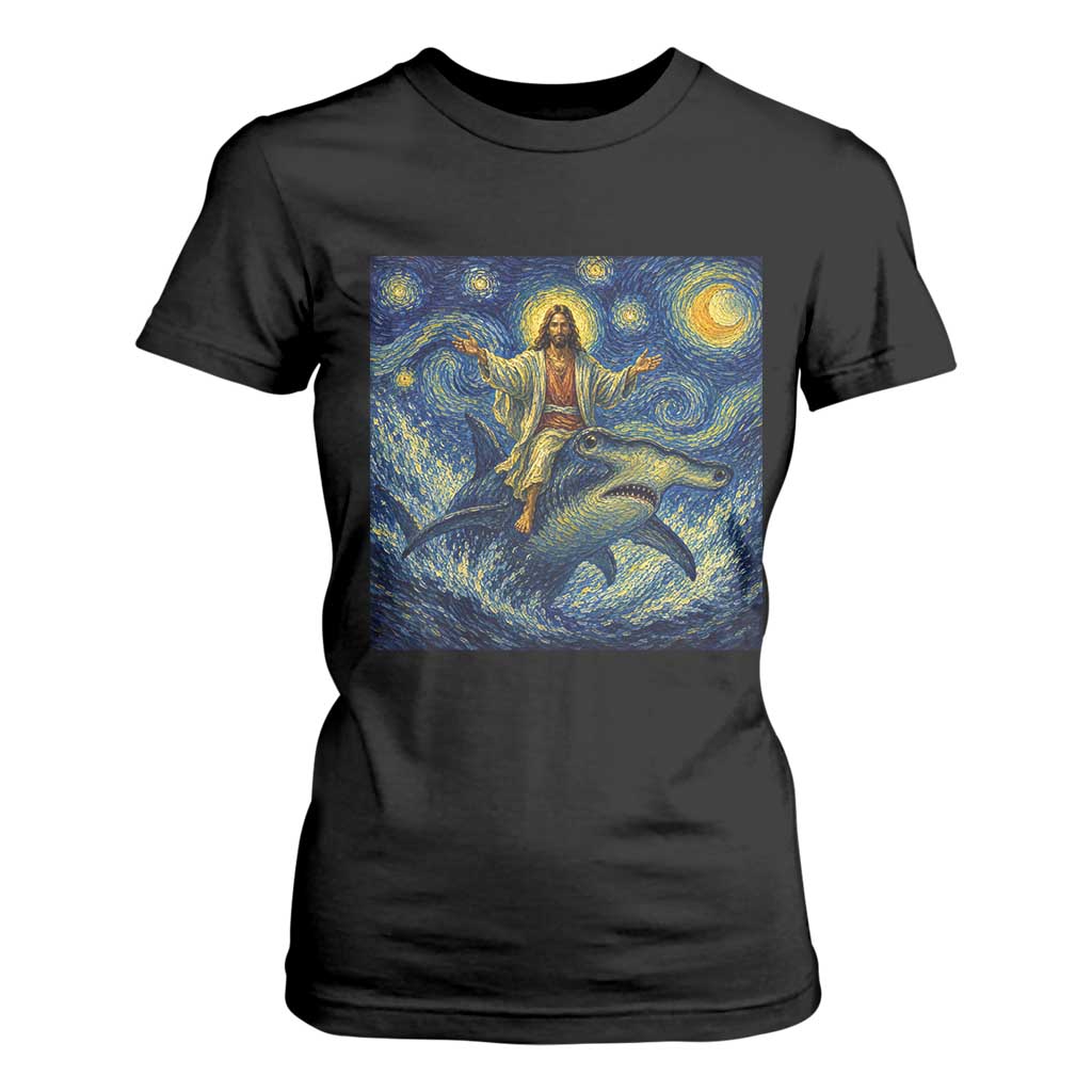 Funny Christian Jesus Riding Hammerhead Shark T Shirt For Women Starry Night Inspired Art