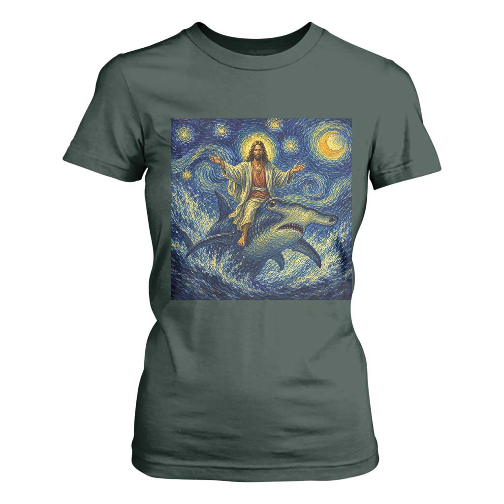 Funny Christian Jesus Riding Hammerhead Shark T Shirt For Women Starry Night Inspired Art