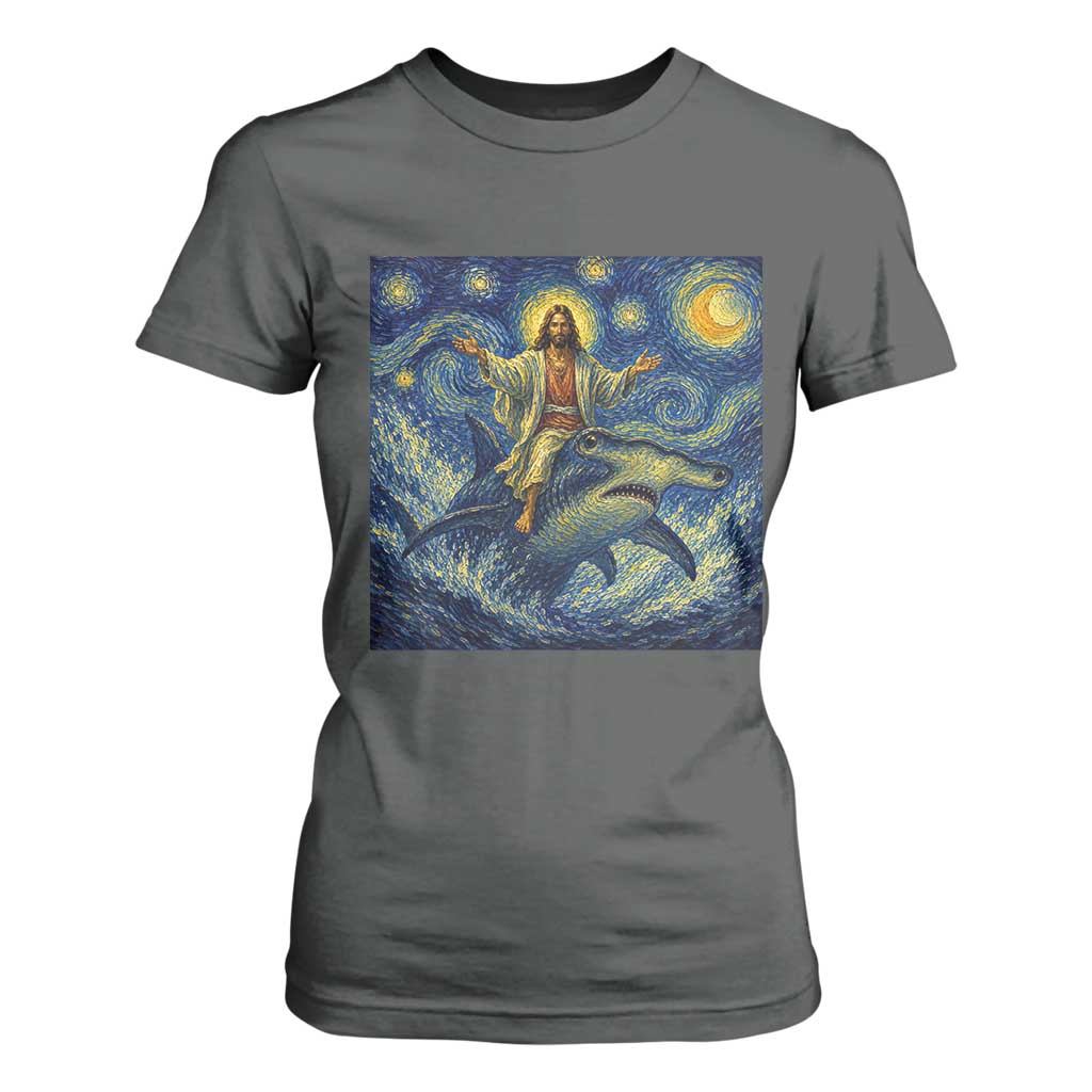 Funny Christian Jesus Riding Hammerhead Shark T Shirt For Women Starry Night Inspired Art