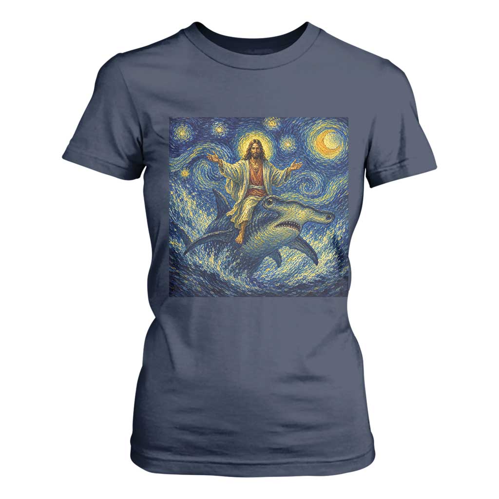 Funny Christian Jesus Riding Hammerhead Shark T Shirt For Women Starry Night Inspired Art