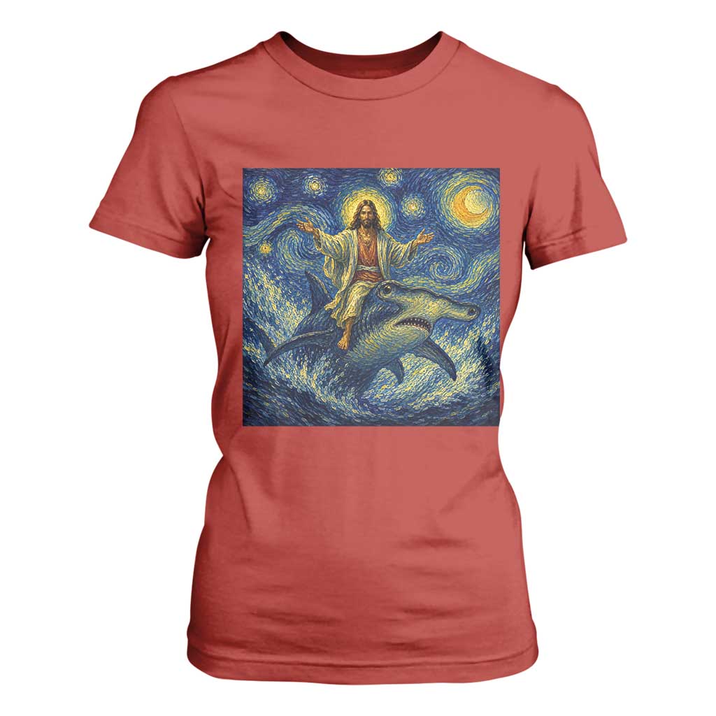 Funny Christian Jesus Riding Hammerhead Shark T Shirt For Women Starry Night Inspired Art