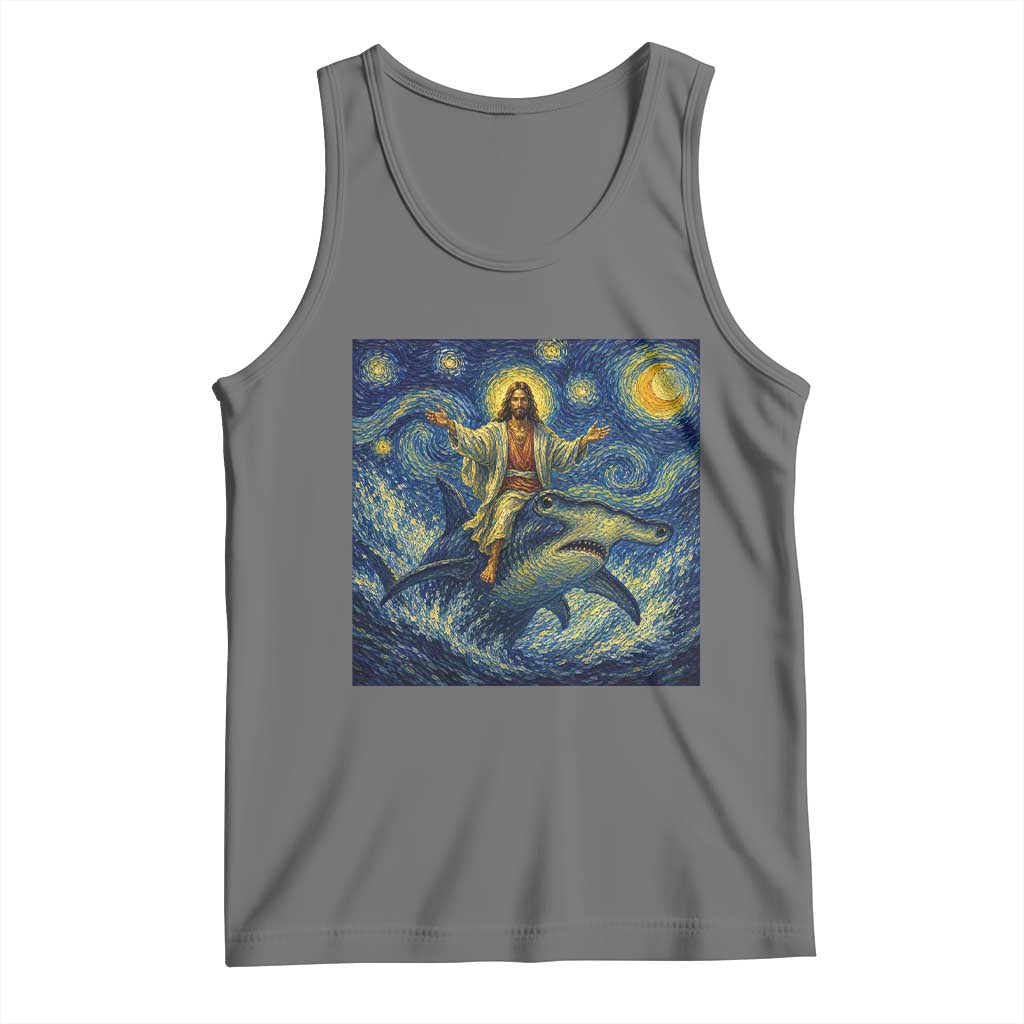 Funny Christian Jesus Riding Hammerhead Shark Tank Top Starry Night Inspired Art