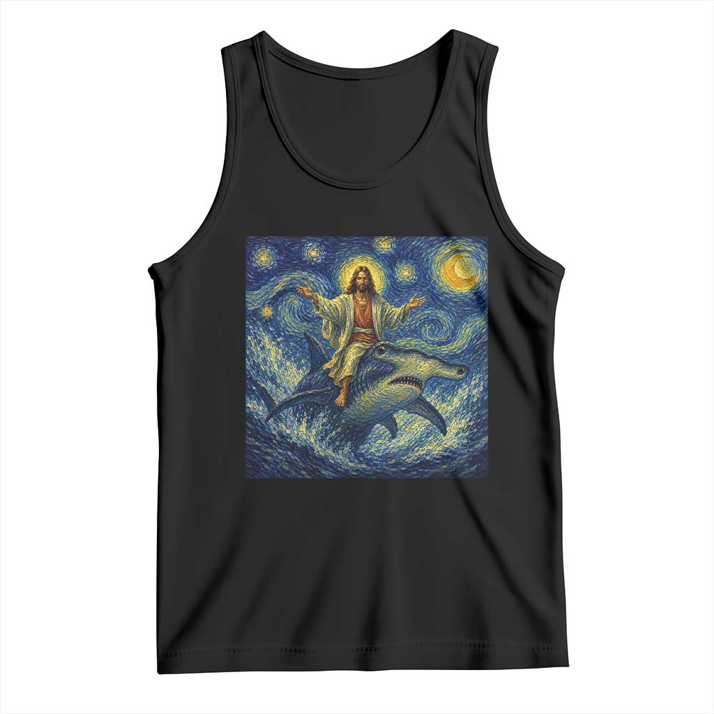 Funny Christian Jesus Riding Hammerhead Shark Tank Top Starry Night Inspired Art