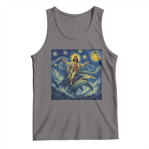 Funny Christian Jesus Riding Hammerhead Shark Tank Top Starry Night Inspired Art
