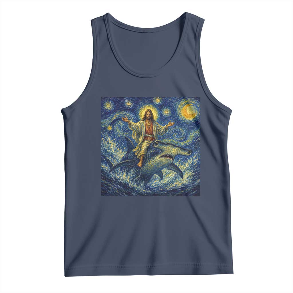 Funny Christian Jesus Riding Hammerhead Shark Tank Top Starry Night Inspired Art