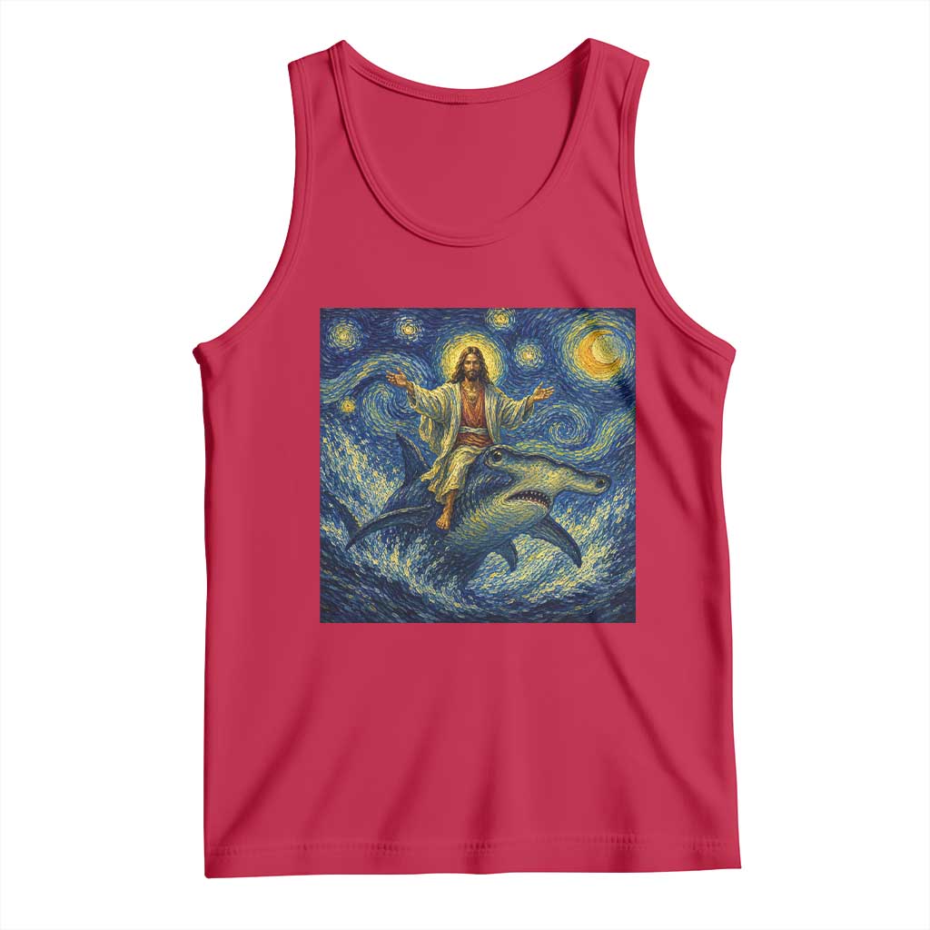 Funny Christian Jesus Riding Hammerhead Shark Tank Top Starry Night Inspired Art