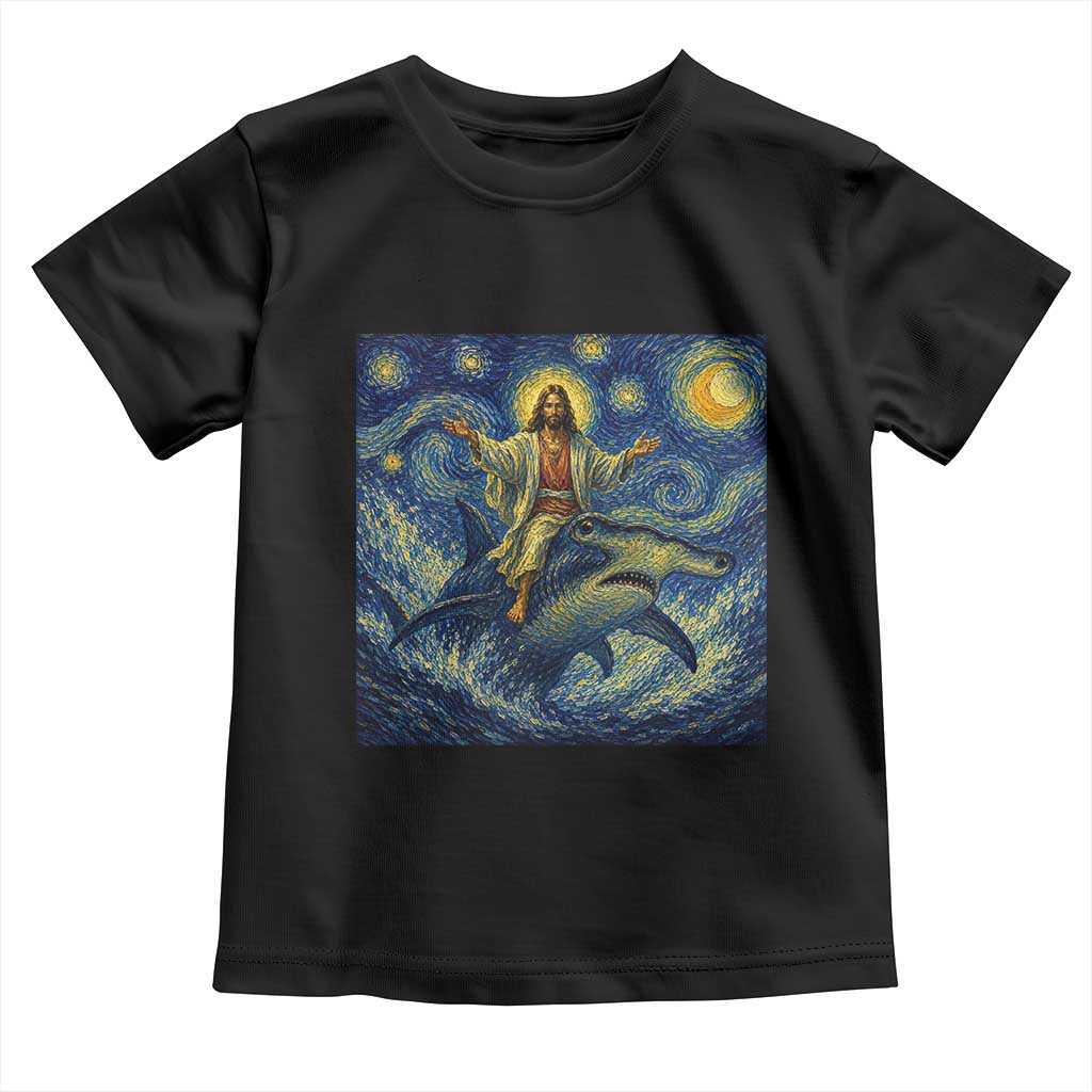 Funny Christian Jesus Riding Hammerhead Shark Toddler T Shirt Starry Night Inspired Art