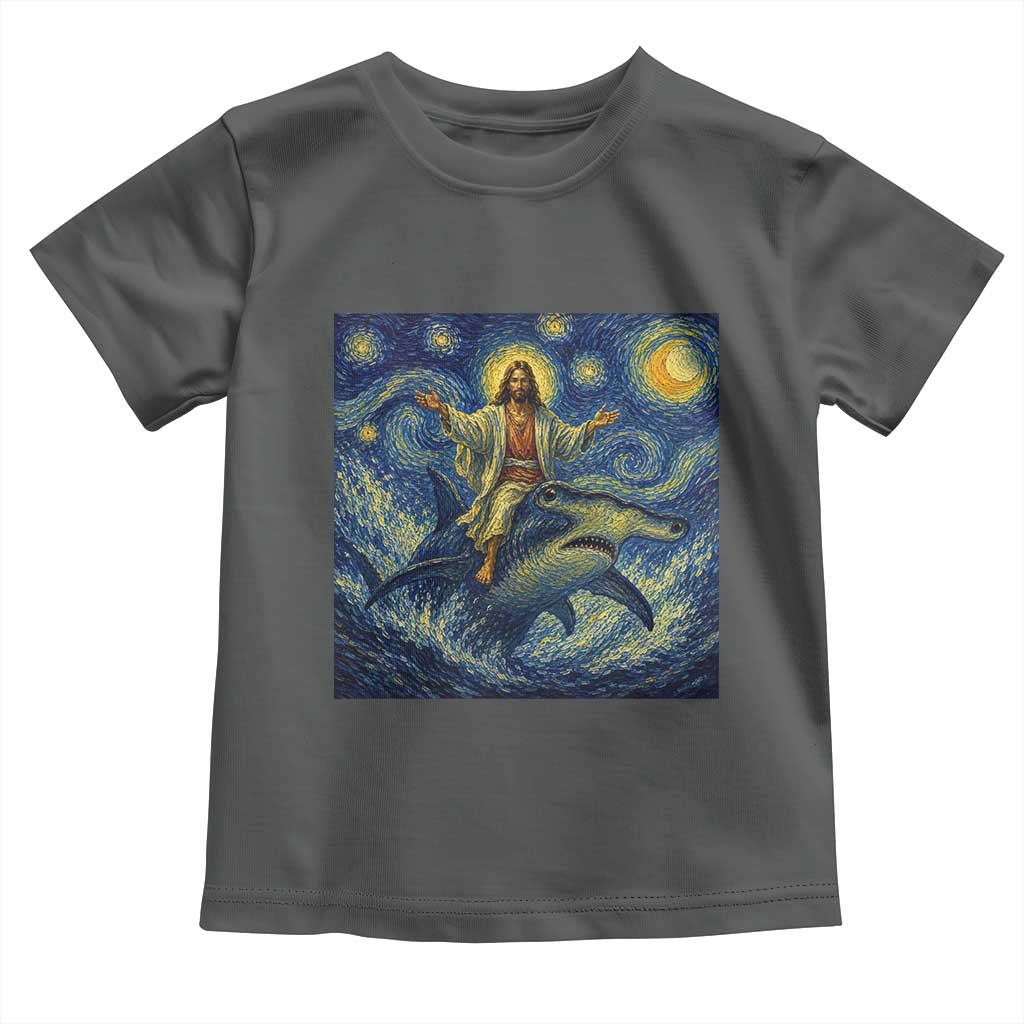Funny Christian Jesus Riding Hammerhead Shark Toddler T Shirt Starry Night Inspired Art