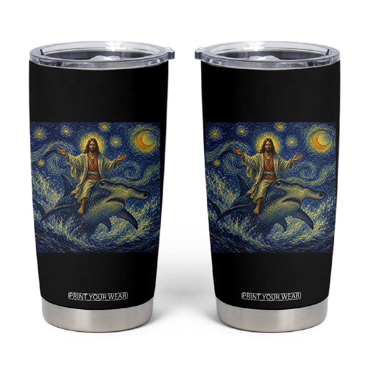 Funny Christian Jesus Riding Hammerhead Shark Tumbler Cup Starry Night Inspired Art