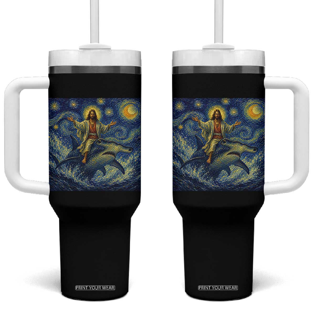 Funny Christian Jesus Riding Hammerhead Shark Tumbler With Handle Starry Night Inspired Art