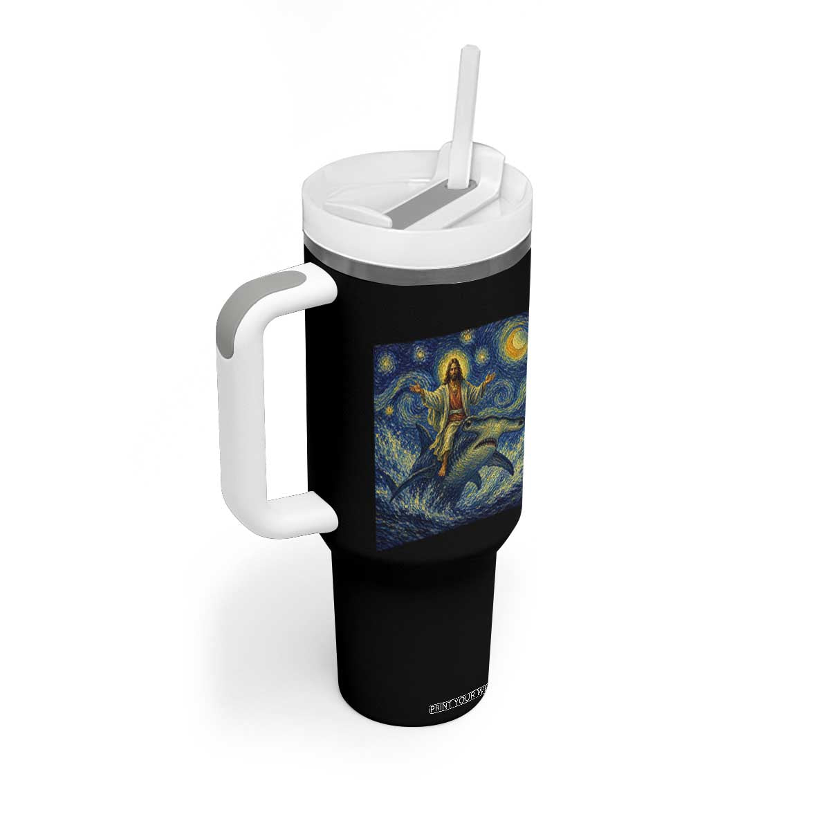Funny Christian Jesus Riding Hammerhead Shark Tumbler With Handle Starry Night Inspired Art