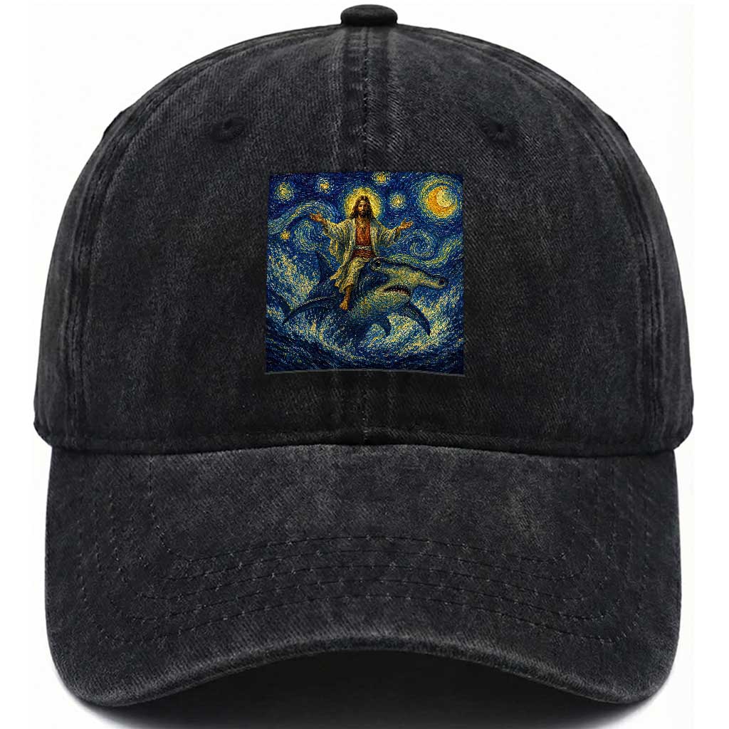 Funny Christian Jesus Riding Hammerhead Shark Washed Cotton Baseball Cap Starry Night Inspired Art
