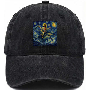 Funny Christian Jesus Riding Hammerhead Shark Washed Cotton Baseball Cap Starry Night Inspired Art