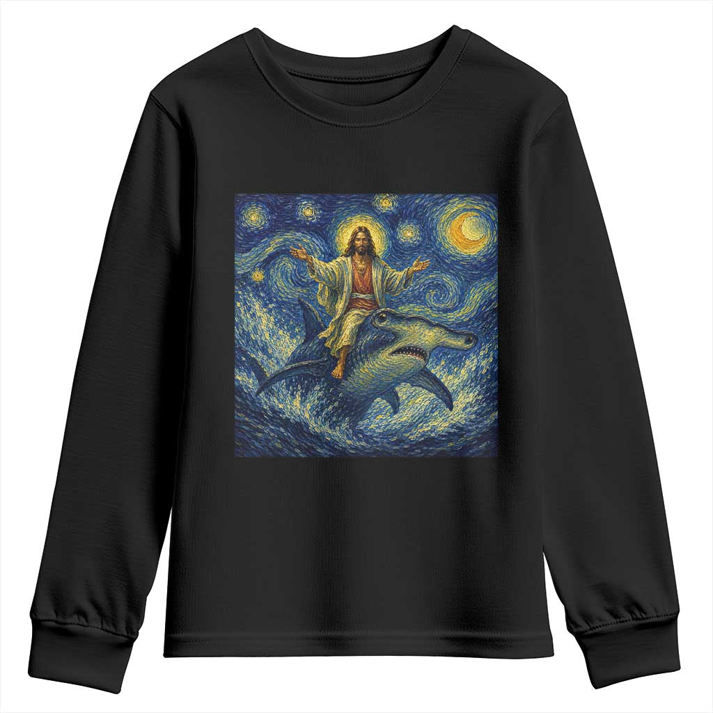 Funny Christian Jesus Riding Hammerhead Shark Youth Sweatshirt Starry Night Inspired Art