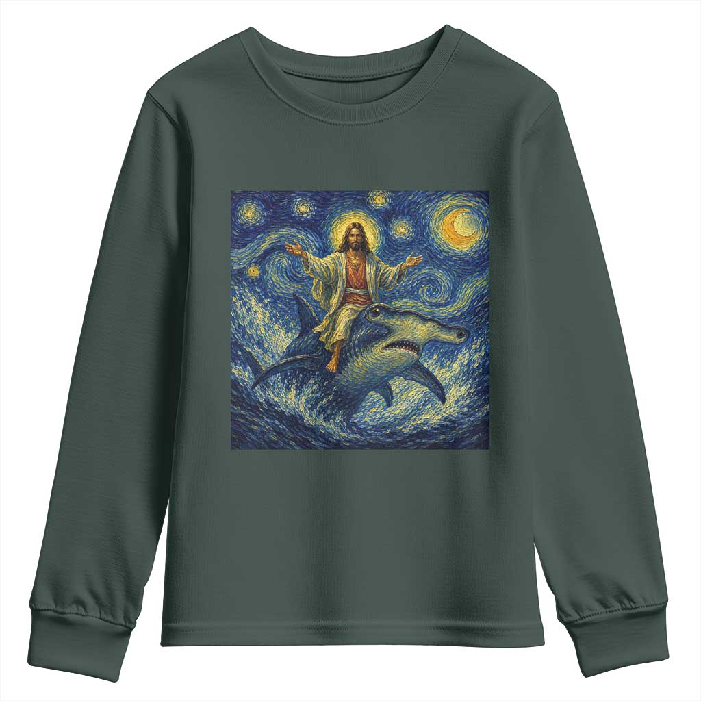 Funny Christian Jesus Riding Hammerhead Shark Youth Sweatshirt Starry Night Inspired Art
