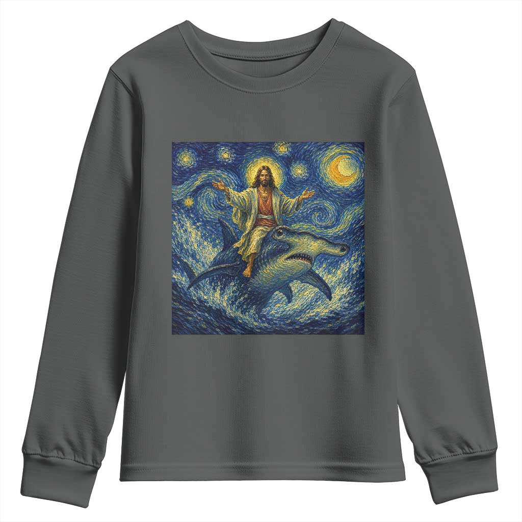 Funny Christian Jesus Riding Hammerhead Shark Youth Sweatshirt Starry Night Inspired Art