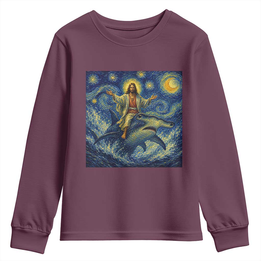 Funny Christian Jesus Riding Hammerhead Shark Youth Sweatshirt Starry Night Inspired Art