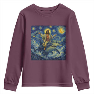 Funny Christian Jesus Riding Hammerhead Shark Youth Sweatshirt Starry Night Inspired Art