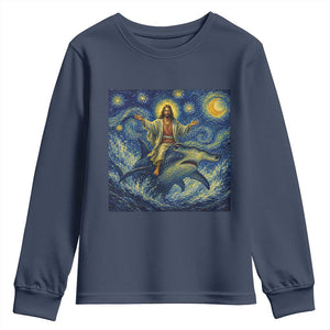 Funny Christian Jesus Riding Hammerhead Shark Youth Sweatshirt Starry Night Inspired Art