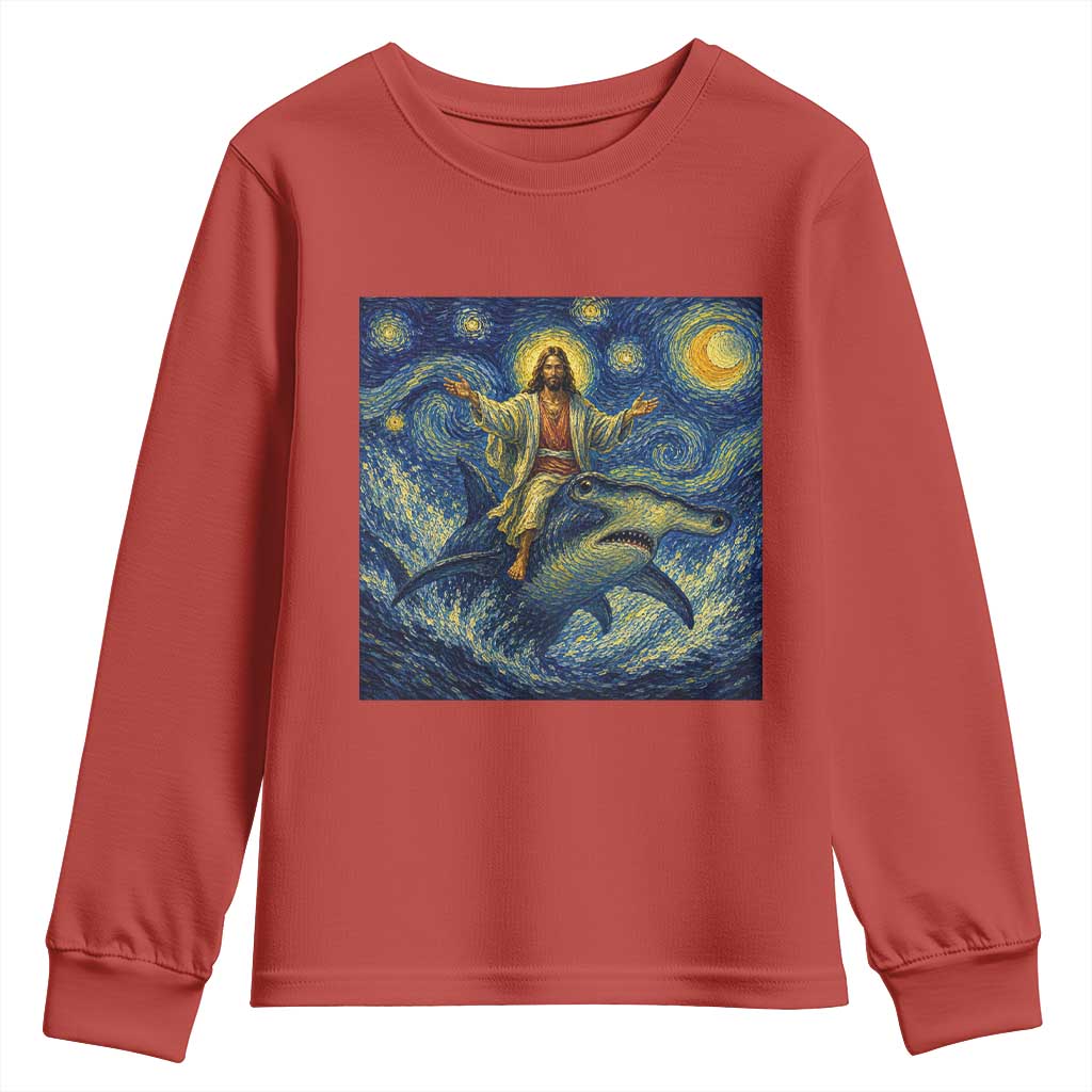 Funny Christian Jesus Riding Hammerhead Shark Youth Sweatshirt Starry Night Inspired Art