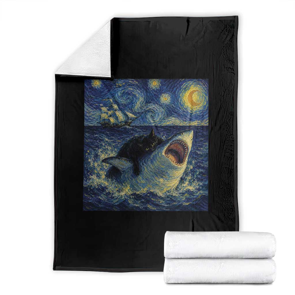 Funny Cat Biting Shark Starry Night Inspired Art Throw Blanket TS12 Black Print Your Wear