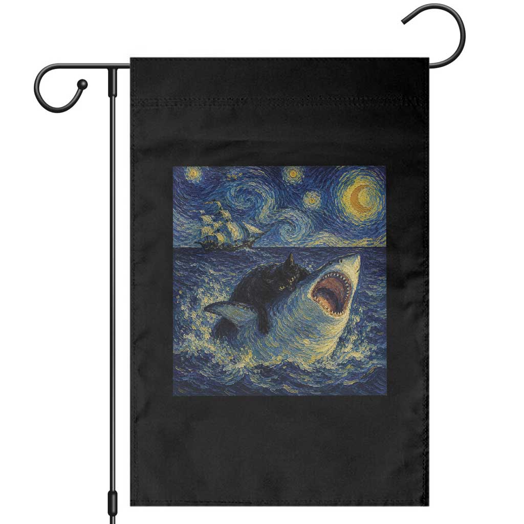 Funny Cat Biting Shark Starry Night Inspired Art Garden Flag TS12 Black Print Your Wear