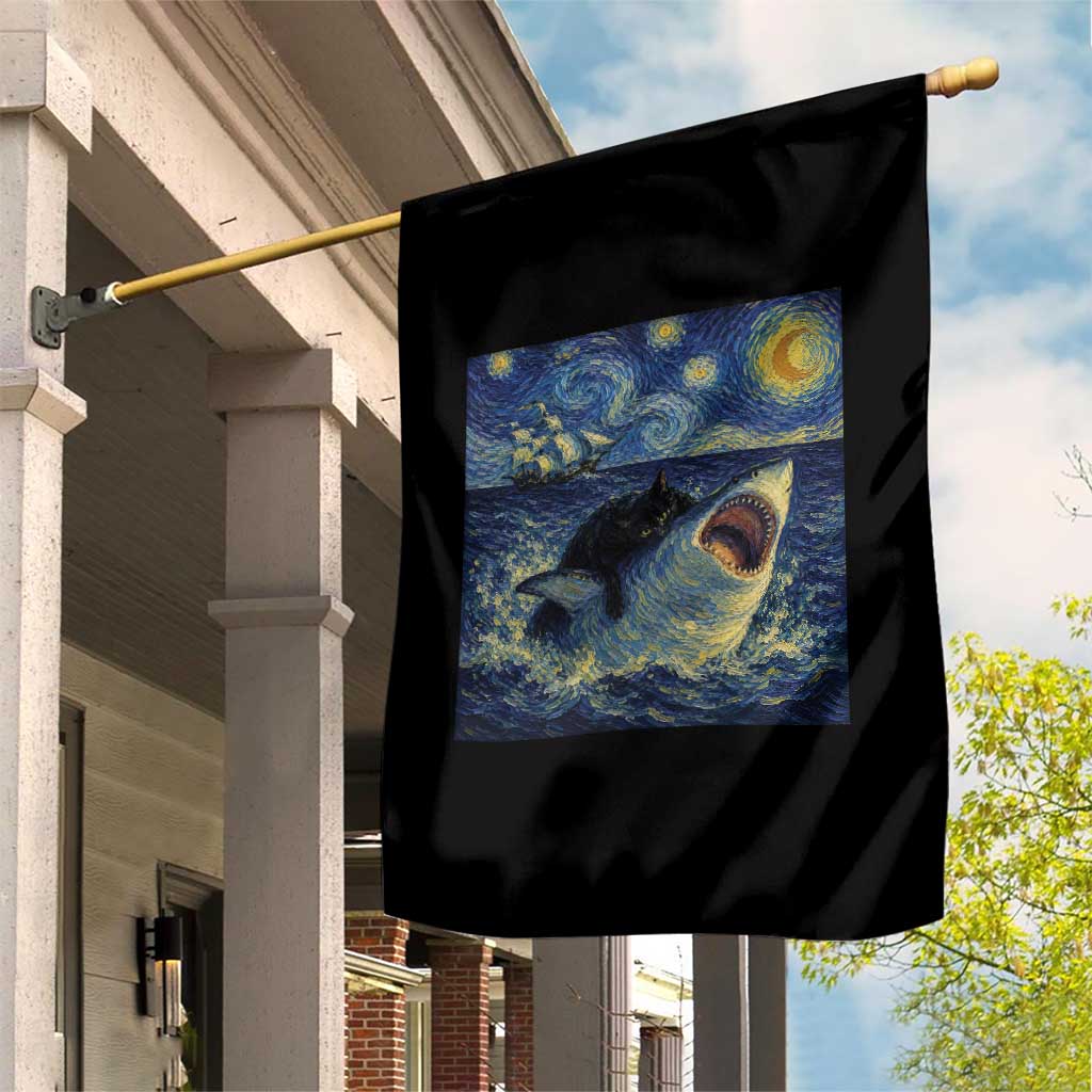 Funny Cat Biting Shark Starry Night Inspired Art Garden Flag