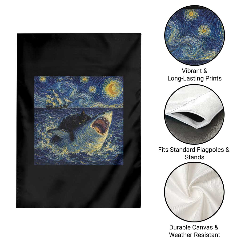 Funny Cat Biting Shark Starry Night Inspired Art Garden Flag