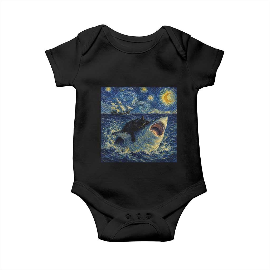 Funny Cat Biting Shark Starry Night Inspired Art Baby Onesie TS12 Black Print Your Wear