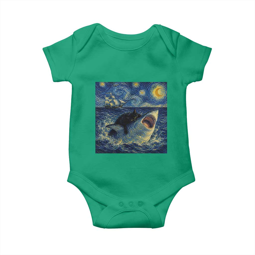 Funny Cat Biting Shark Starry Night Inspired Art Baby Onesie