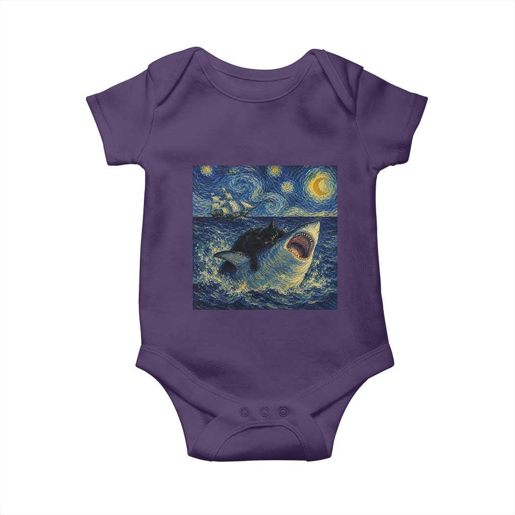 Funny Cat Biting Shark Starry Night Inspired Art Baby Onesie