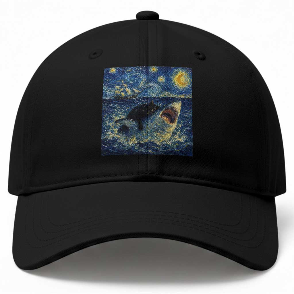 Funny Cat Biting Shark Starry Night Inspired Art Baseball Cap TS12 Print Your Wear