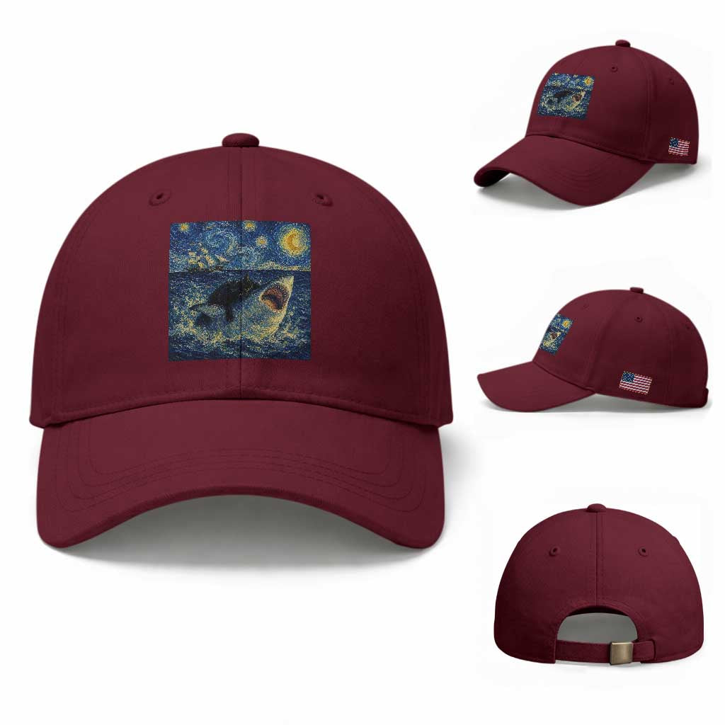 Funny Cat Biting Shark Starry Night Inspired Art Baseball Cap