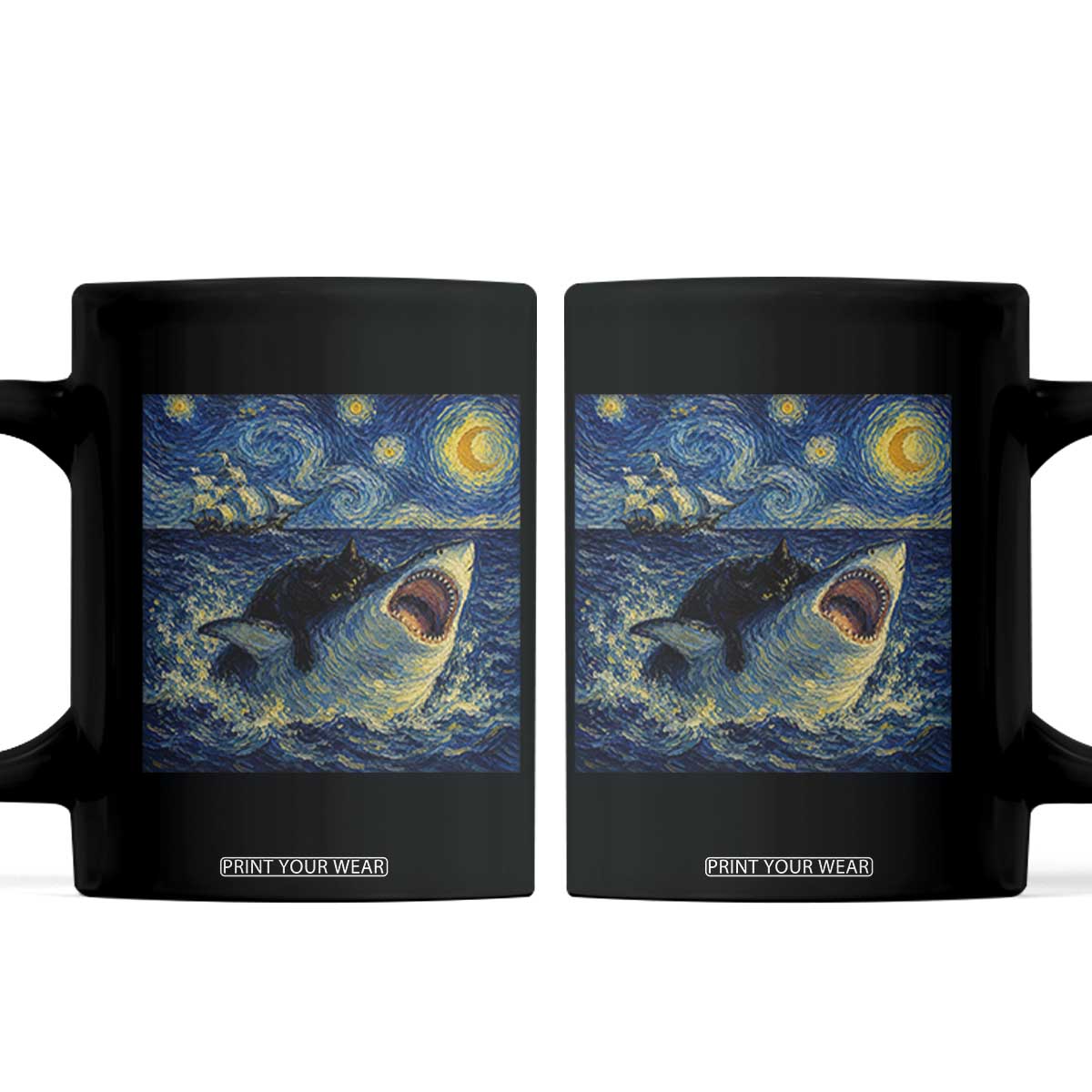 Funny Cat Biting Shark Starry Night Inspired Art Coffee Mug