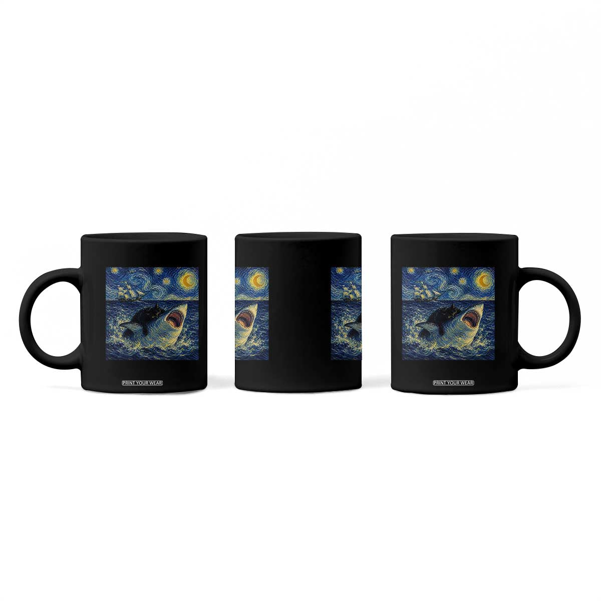 Funny Cat Biting Shark Starry Night Inspired Art Coffee Mug