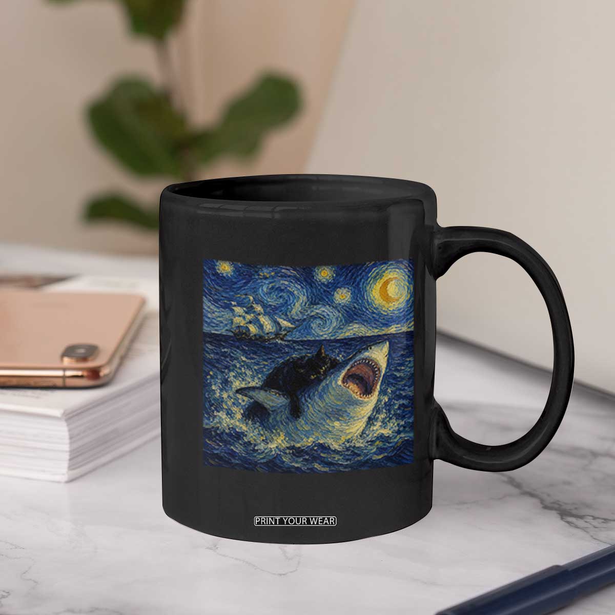 Funny Cat Biting Shark Starry Night Inspired Art Coffee Mug