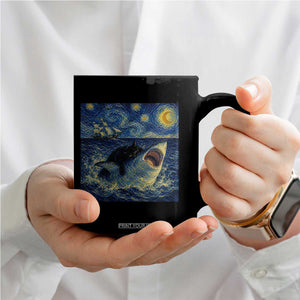 Funny Cat Biting Shark Starry Night Inspired Art Coffee Mug
