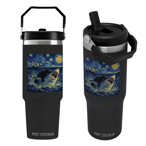 Funny Cat Biting Shark Starry Night Inspired Art Flip Straw Tumbler