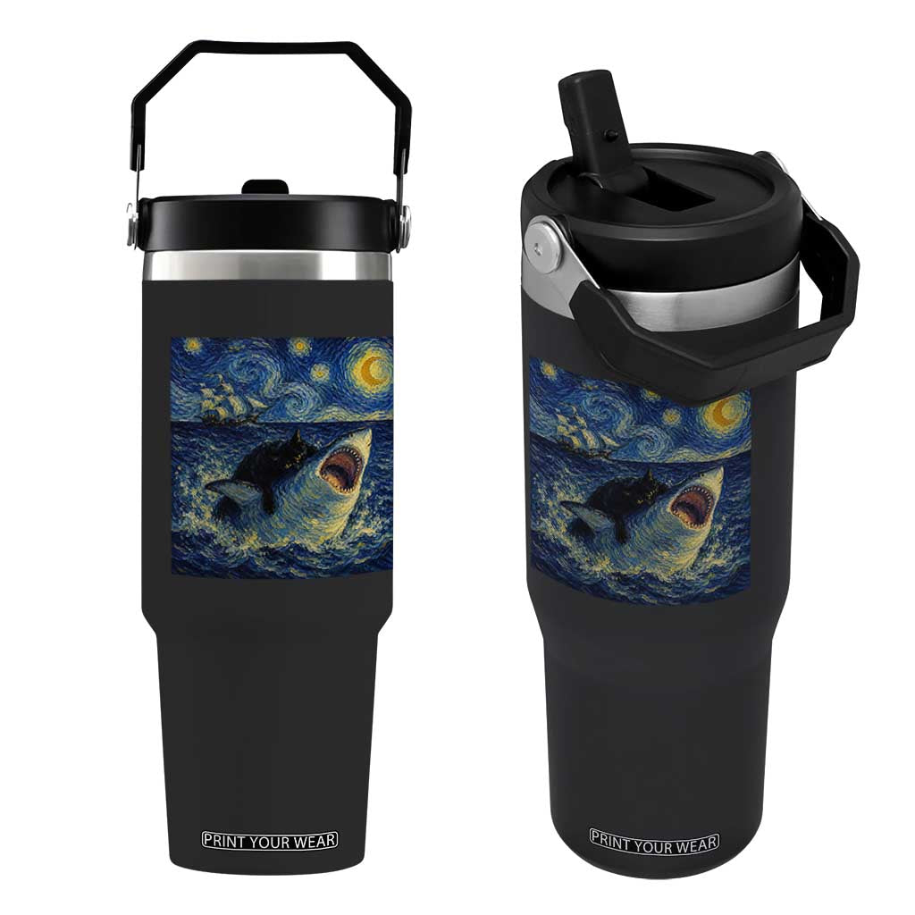 Funny Cat Biting Shark Starry Night Inspired Art Flip Straw Tumbler TS12 One Size: 30 oz Black Print Your Wear