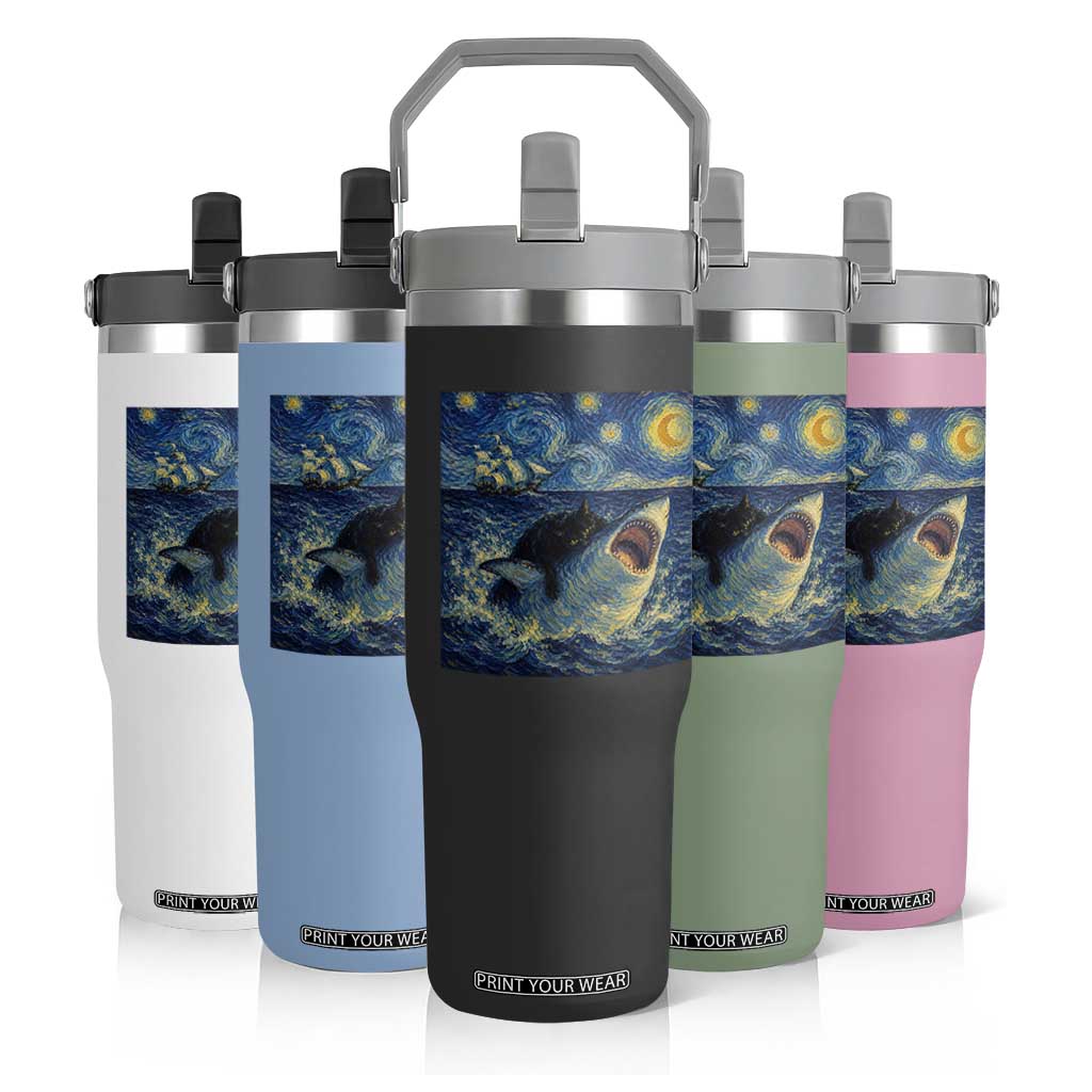 Funny Cat Biting Shark Starry Night Inspired Art Flip Straw Tumbler