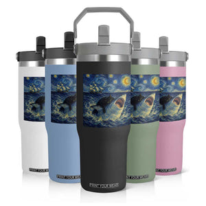 Funny Cat Biting Shark Starry Night Inspired Art Flip Straw Tumbler